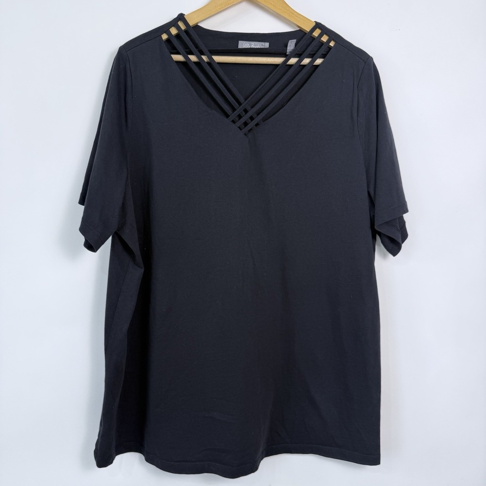 Ulla Popken Strappy V Neck T Shirt Womens‎ 20 22 Black Cotton Casual